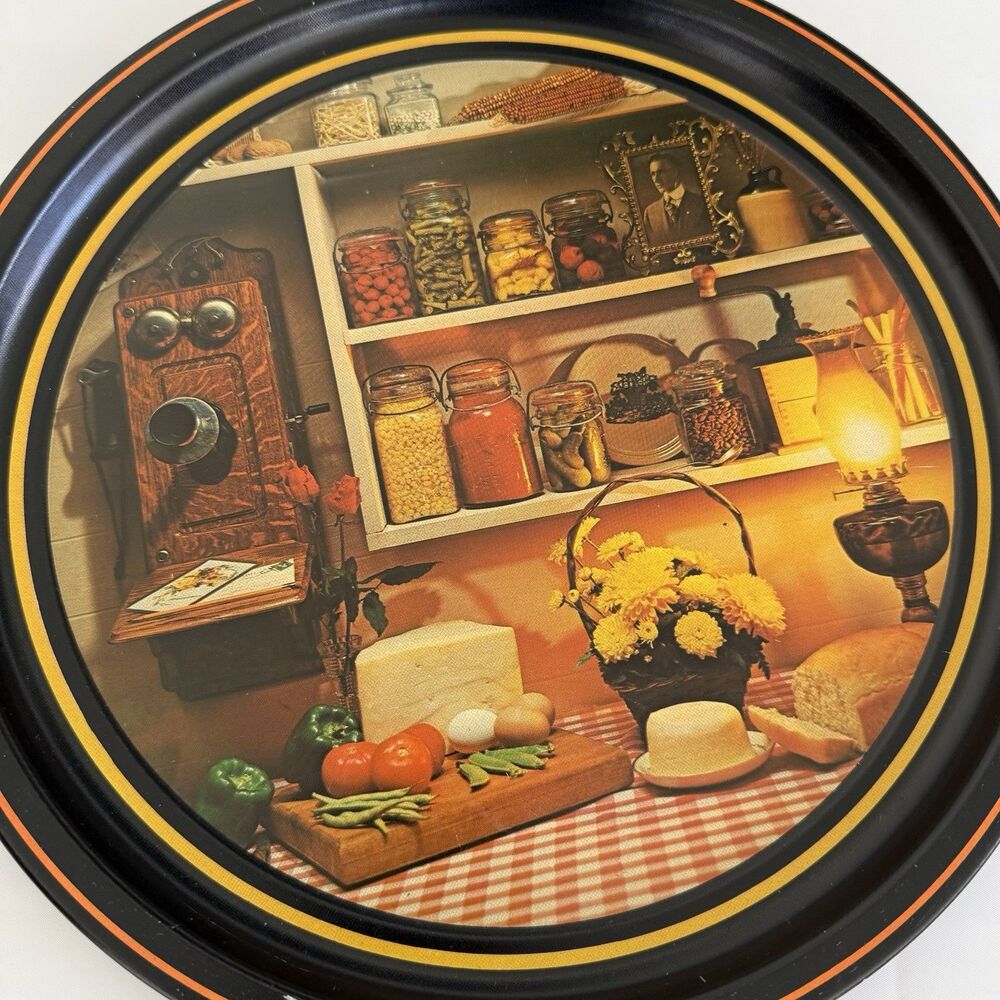 Vtg Metal Serving Round TRAY Country Store MCM Whimsical Food Oil Lamp 12"